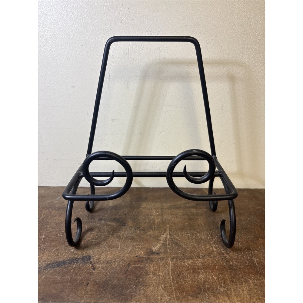 Vintage Black Metal Display Easel Plate, Book Stand Scroll Design 9" Tall